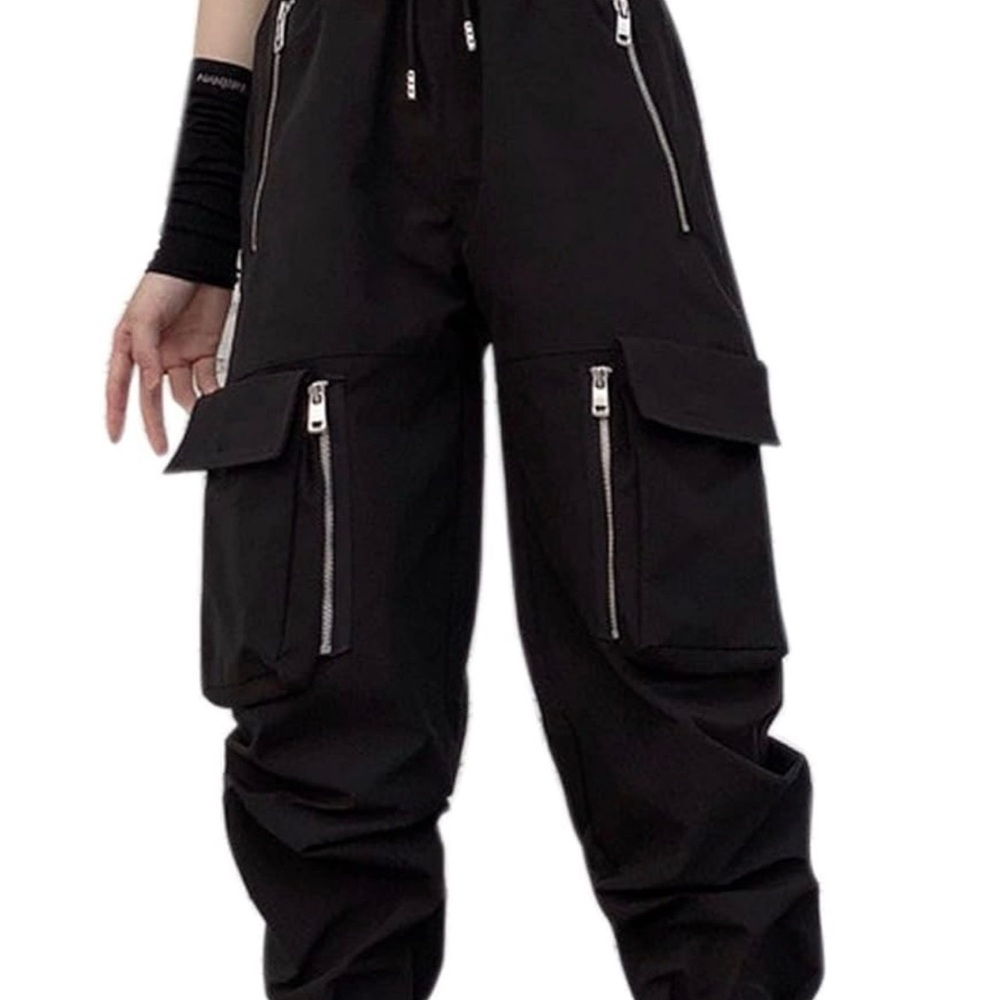 Black Cargo Pants Women Loose Chained Multi-Pocket Multi-Zip Punk Goth Pants